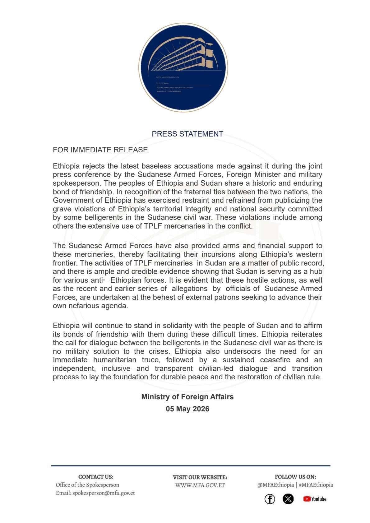 Ethiopia Rejects Sudanese Military Allegations, Calls for Dialogue and Regional Stability
